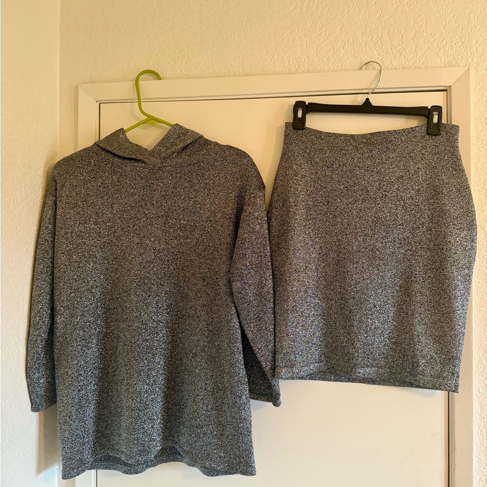 Adrienne Vittadini Petites Matching‎ Metallic Knit Hoodie + Skirt Set